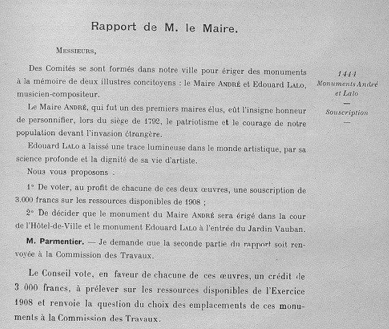 Délibération du 28 février 1908 relative aux souscriptions pour les monuments André et Lalo - Archives municipales de Lille – 1D2/107