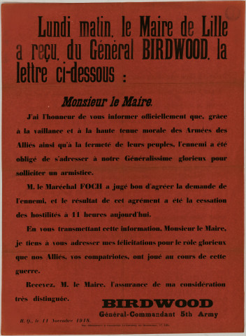 Armistice. - Lettre du général Birdwood au maire de Lille annonçant l'armistice: 1 affiche