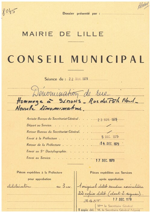 Dossier de dénomination d'une rue Simons en 1979 - Archives municipales de Lille - 1D5/1443
