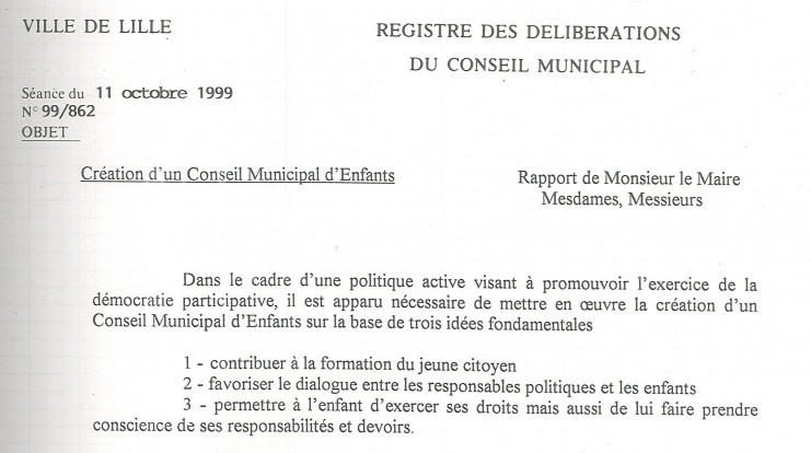 Extrait de la délibération créant le Conseil municipal des enfants  Archives municipales de Lille - 372W70