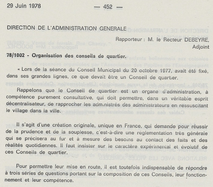 Délibération n°78/1002 du 29 juin 1978 créant les conseils de quartier  Archives municipales de Lille - 1D2/179