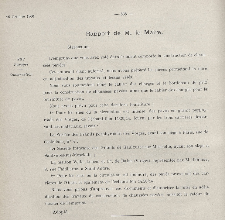 Extrait du registre des délibérations du conseil municipal du 16 octobre 1906 - Archives municipales de Lille - 1D2/105