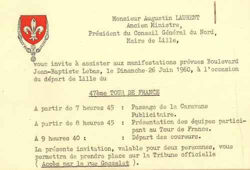 Invitation pour assister au départ du Tour de France 1960 le dimanche 26 juin - Archives municipales de Lille - 3R/2/90