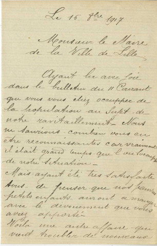Lettre d'un groupe de mères de familles adressée à Charles Delesalle au sujet de la réquisition de laine à matelas en octobre 1917