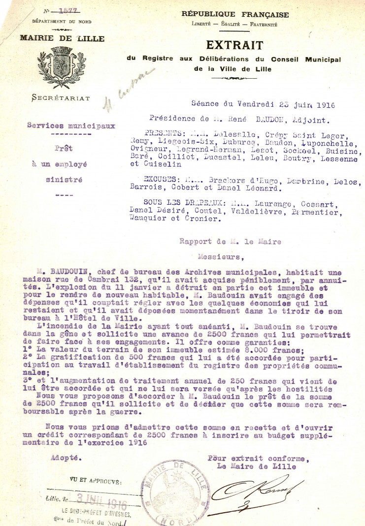 Extrait du registre des délibérations du Conseil municipal du 23 juin 1916 - Archives municipales de Lille - 1D5/1544