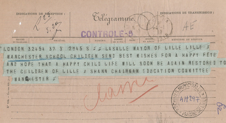 Télégramme de l'"Education Committee Manchester"  adressé au Maire de Lille en janvier 1919 - Archives municipales de Lille - 4H297