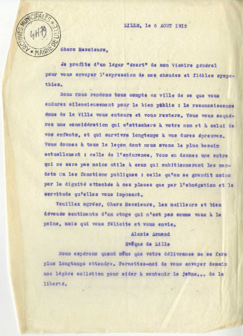 Lettre de l'évèque de Lille, Monseigneur Charost, adressée aux otages dormant à la citadelle le 5 août 1915