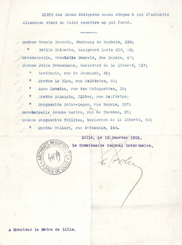 Liste des dames désignées comme otages par l'autorité allemande en janvier 1918 pour un départ vers le camp d'Holzindem en Allemagne