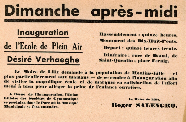 Affiche annonçant l'inauguration de l'école Désiré Verhaeghe - Archives municipales de Lille -  4M8/152