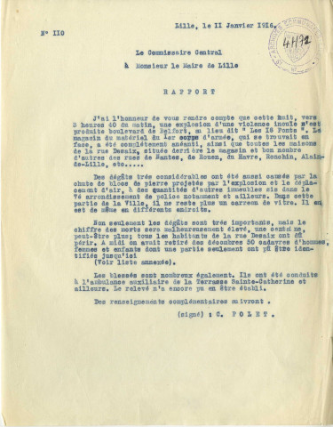 Rapport du commissaire Polet au sujet de l'explosion du dépôt de munitions des 18 ponts le 11 janvier 1916