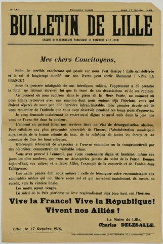 Libération. - Annonce du maire parue dans le Bulletin de Lille: 1 affiche
