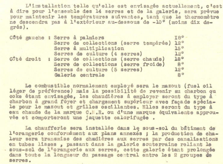 Liste des températures à maintenir dans chaque serre. Extrait du cahier des charges contenu dans le dossier de la délibération  n°1205 en date du 8 février 1947 - Archives municipales de Lille - 1D/5/19609