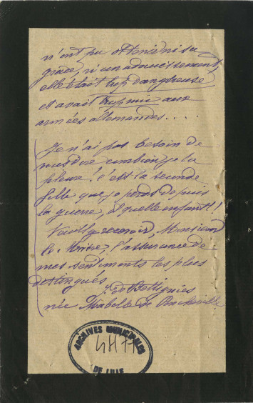 Lettre de Julienne-Marie de Bettignies à Charles Delesalle le 24 octobre 1918 - Archives municipales de Lille – 4H77/1