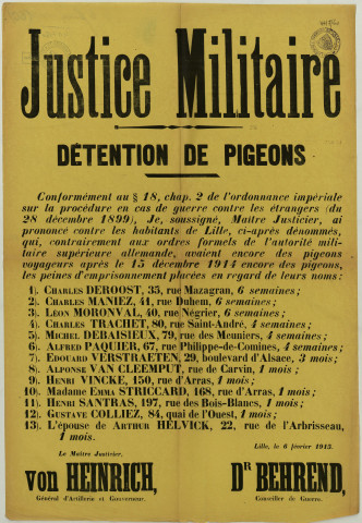 Justice militaire. - Condamnations pour détentions de pigeons: 1 affiche