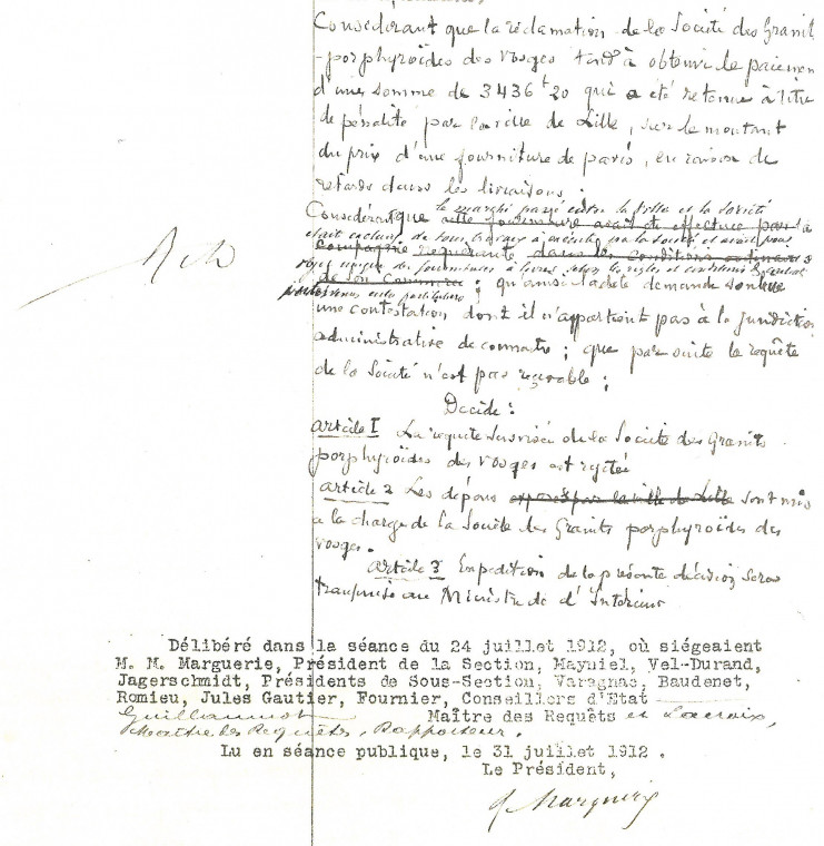 Extrait de l’arrêt du Conseil d’Etat du 31 juillet 1912 - Archives du Conseil d’Etat- sans cote