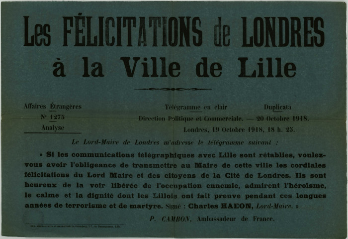 Libération. - Félicitations adressées par la ville de Londres: 1 affiche