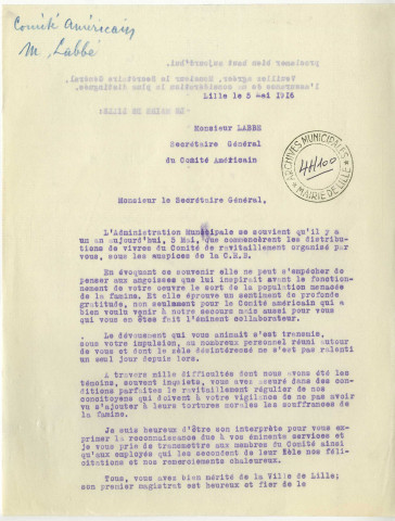 Lettre de remerciement de Charles Delesalle à Edmond Labbé à l'occasion de la première année de distribution de l'aide alimentaire par le Comité d'alimentation du Nord de France en mai 1916