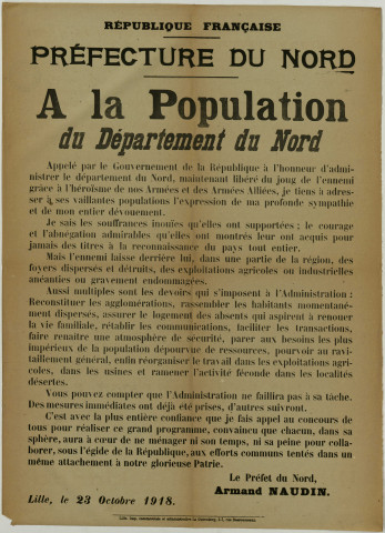 Libération. - Message du préfet du nord à la population: 1 affiche