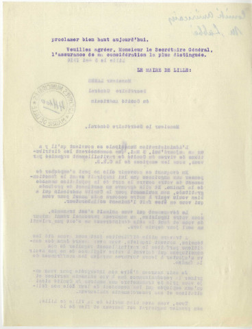 Lettre de remerciement de Charles Delesalle à Edmond Labbé à l'occasion de la première année de distribution de l'aide alimentaire par le Comité d'alimentation du Nord de France en mai 1916