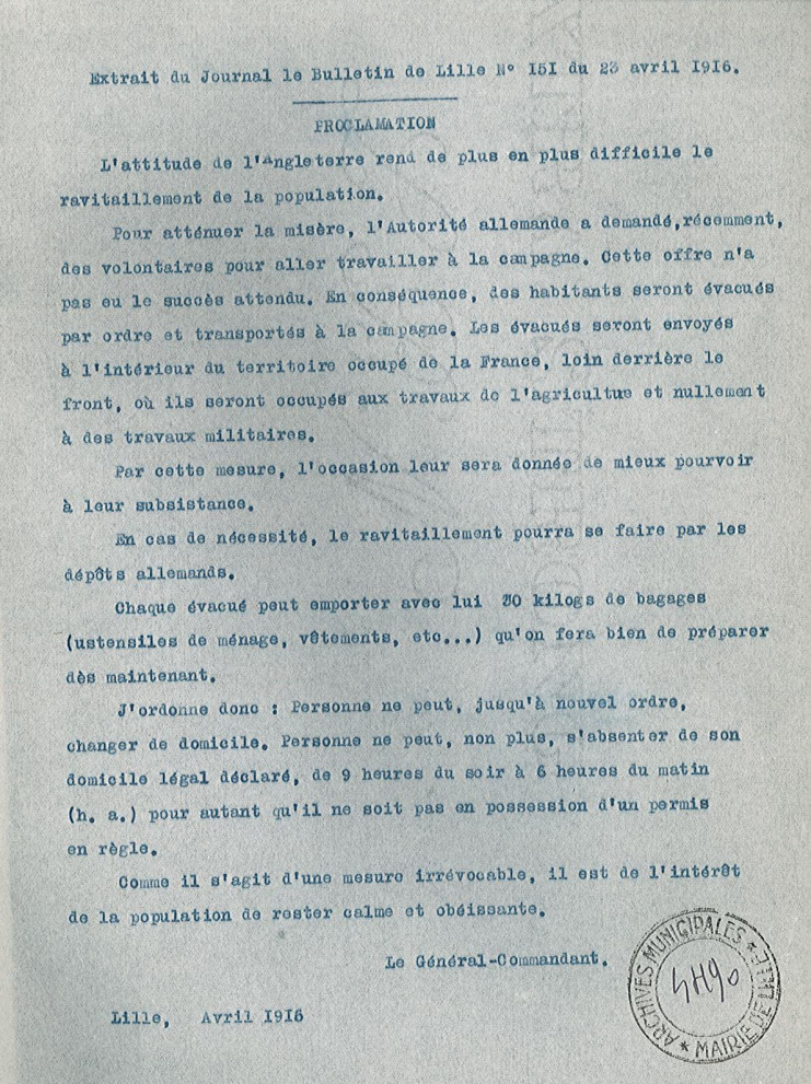 Extrait du Bulletin de Lille d'avril 1916 - Archives municipales de Lille - 4H/90