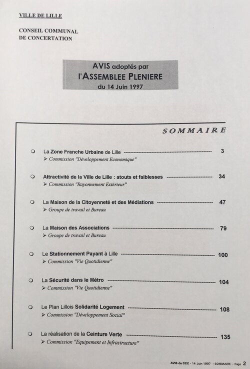 Sommaire du recueil des avis, recommandations et propositions  adoptés en assemblée plénière le 14 juin 1997 - Archives municipales de Lille – 639W1