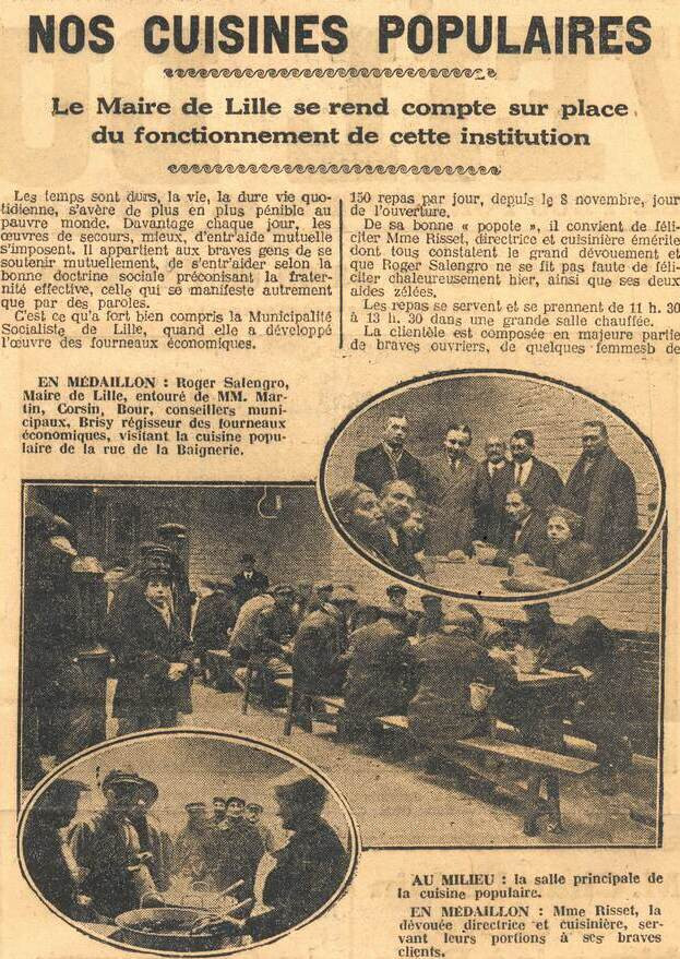Article paru dans Le Réveil du 3 décembre 1926 relatant la visite de M. Roger Salengro, Maire de Lille, à la cuisine de la Baignerie (Vieux-Lille) - Archives municipales de Lille - AT/3689