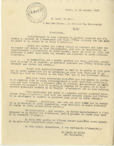 Lettre de protestation de Charles Delesalle au sujet de la réquisition de la laine à matelas en octobre 1917