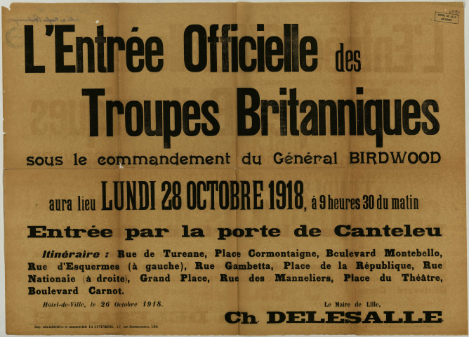 Libération. - Annonce de l'entrée officielle des troupes britanniques dans Lille: 1 affiche