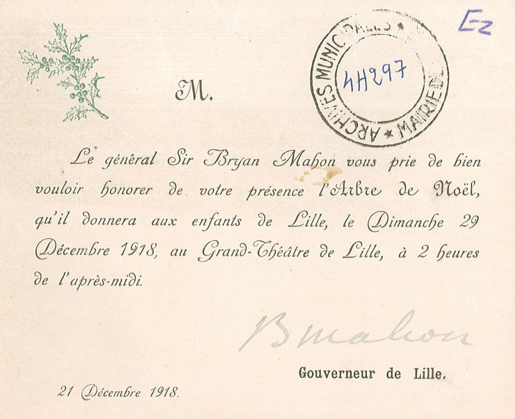 Invitation à l'arbre de Noël organisé par le Général Bryan Mahon,  Gouverneur de Lille, le 29 décembre 1918 - Archives municipales de Lille - 4H/297