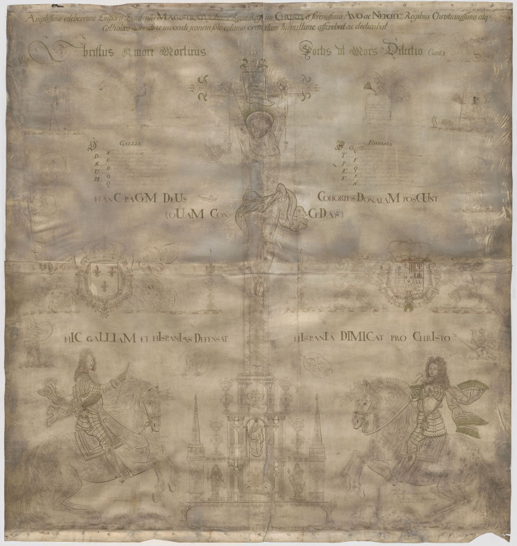 Oeuvre du calligraphe Cornélius de Bourgogne représentant Louis XIV et Philippe V autour d'un Christ en croix - Archives municipales de Lille - 17466