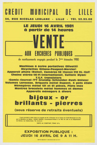 Caisse de crédit municipal de Lille. Vente aux enchères publiques de nantissements engagés pendant le 3ème trimestre 1980.
