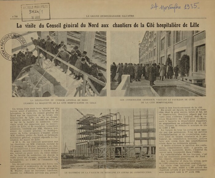 Article de presse relatant la visite de chantier de la cité hospitalière en novembre 1935 - Archives municipales de Lille - 3M/1/24
