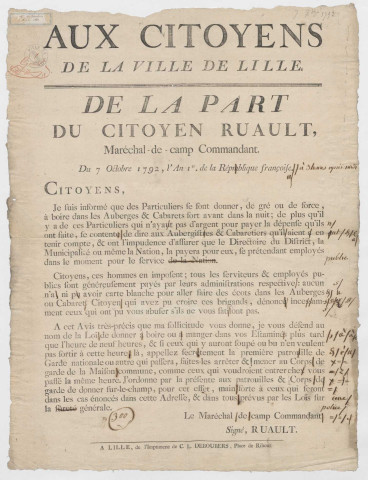 Lettre du Maréchal de camp commandant de la place concernant les abus de grivèlerie et d'outre passement des horaires de fermeture dont sont victimes certaines auberges et cabarets de la ville