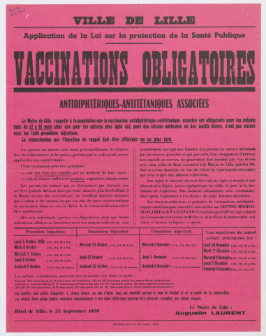 Vaccinations obligatoires antidiphtériques, antitétaniques associées. Avis du 24 septembre 1959.