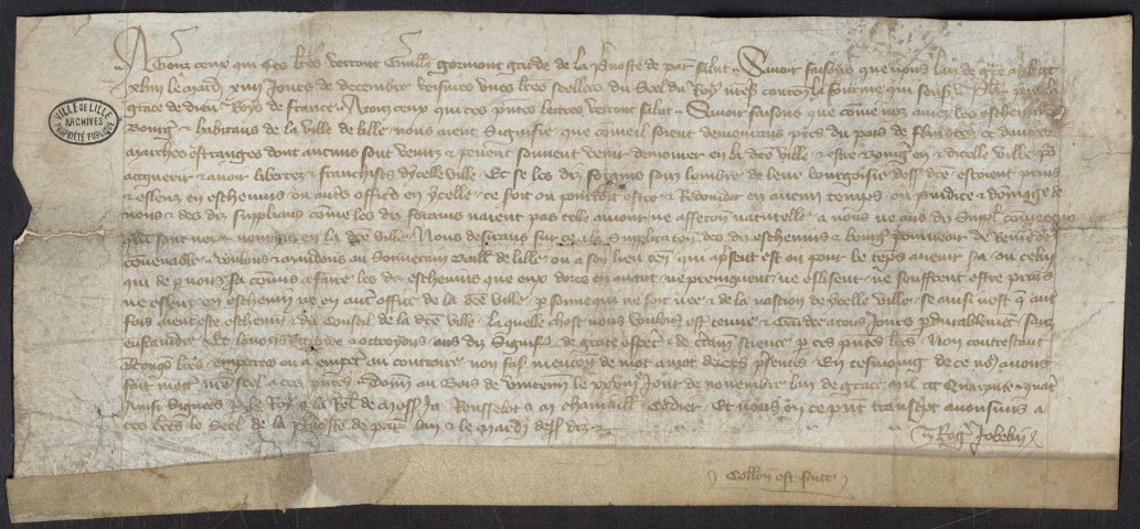 Lettres patentes de Philippe VI portant obligation pour les membres élus de l'échevinage d'être natifs de Lille (28 novembre 1344).