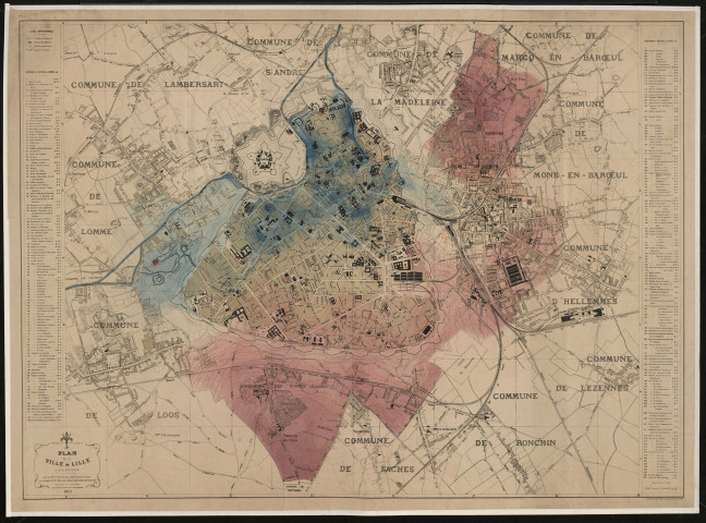 Plan topographique figuré sur un plan d'ensemble de Lille avec zonage couleur.