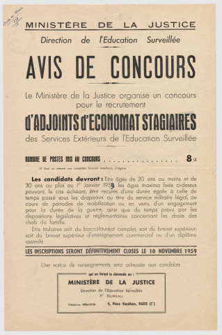Ministère de la Justice. Avis de concours d'adjoint d'économat stagiaire.