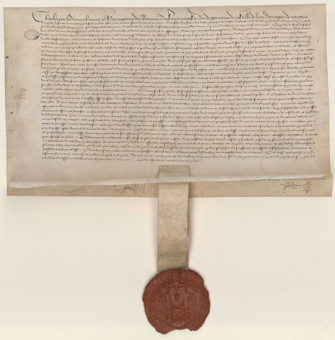 Lettres-patentes abolissant le droit dit des « Espinciaulx Madame » perçu sur les étrangers fréquentant les foires de Lille depuis la veille de la fête Notre Dame en août jusqu'à la Sainte-Croix en septembre (1 août 1529).