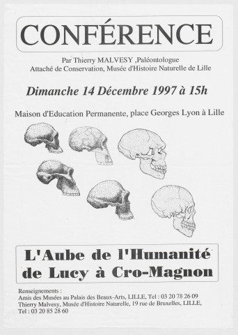 Maison de l'Education permanente. Conférence "L'Aube de l'humanité de Lucy à Cro-Magron".