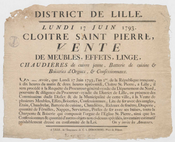 District de Lille, cloître Saint-Pierre. Vente du patrimoine du cloître