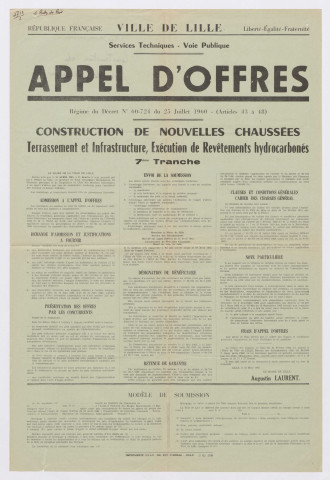Appel d'offres pour la construction de nouvelles chaussées. Terrassement et infrastructure, exécution de revêtements hydrocarbonnés. 7ème tranche . Avis du 23 mars 1965.