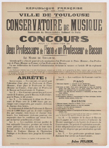 Ville de Toulouse. Conservatoire de musique. Concours pour Professeurs de piano et de basson. Arrêté du 22 septembre 1919.