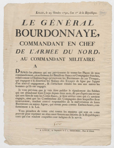 Lettre du général Bourdonnaye commandant en chef de l'armée du Nord concernant la désertion des soldats de troupes de ligne