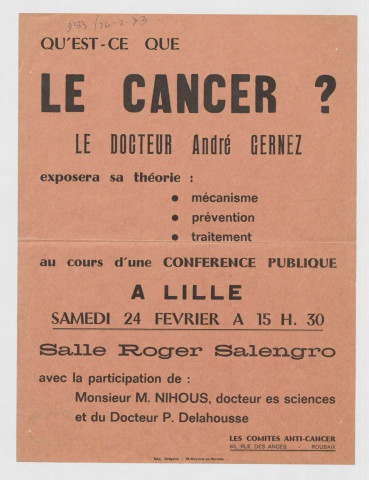 Salle Roger Salengro. Conférence "Qu'est-ce que le cancer ?"