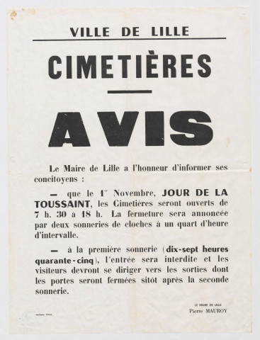Cimetières. Avis de la Toussaint.