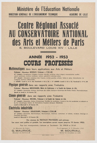 Académie de Lille. Direction de l'enseignement technique. Centre régional associé au Conservatoire National des Arts et Métiers de Paris. Année scolaire 1952-1953. Cours professionnels.