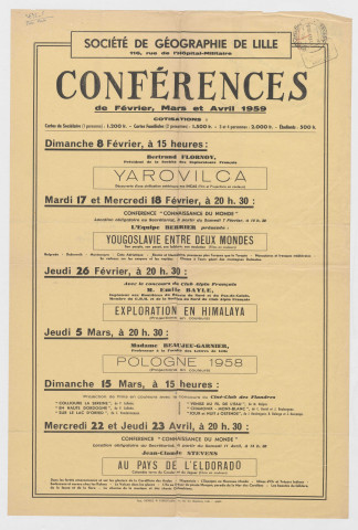 Société de géographie. Programme des conférences.