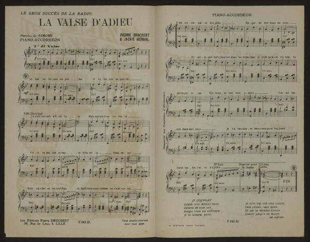 La valse d'adieu, paroles Simons, musique Pierre Drucbert et Jackie Merval