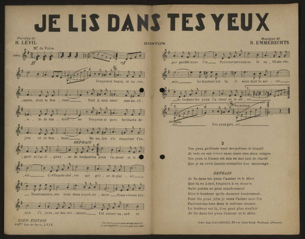 Je lis dans tes yeux, paroles H. Lévil, musique Raymond Emmerechts