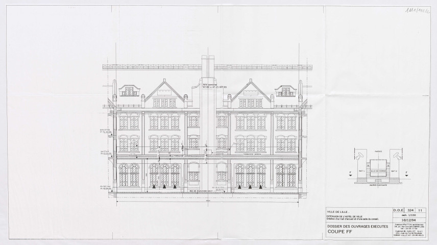 Travaux de restauration des façades du beffroi et de la façade arrière place Roger Salengro et place Augustin Laurent de l'hôtel de ville, analyse des offres dont celle de la S.A Vimar : acte d'engagement pour le lot n°2, certificat Qualibat de la, certificat d'aptitude, volets 1 et 2 de la déclaration du candidat, déclaration de travaux exemptés de permis de construire ou déclaration de clôture, attestation, plan général de coordination de sécurité et de protection de la santé, rapport de service, rapports d'analyse financière des lots, plans (de situation du dossier marché, de masse de l'état actuel, de façade), coupe FF, du beffroi (1982), de la lanterne et cage de fer du beffroi pour la création d'un hall d'accueil et d'une salle du conseil, de la façade sur cour du bâtiment des finances), cahier des clauses techniques particulières du dossier de consultation des entreprises pour la réfection des façades, devis, planning prévisionnel du chantier, correspondance.